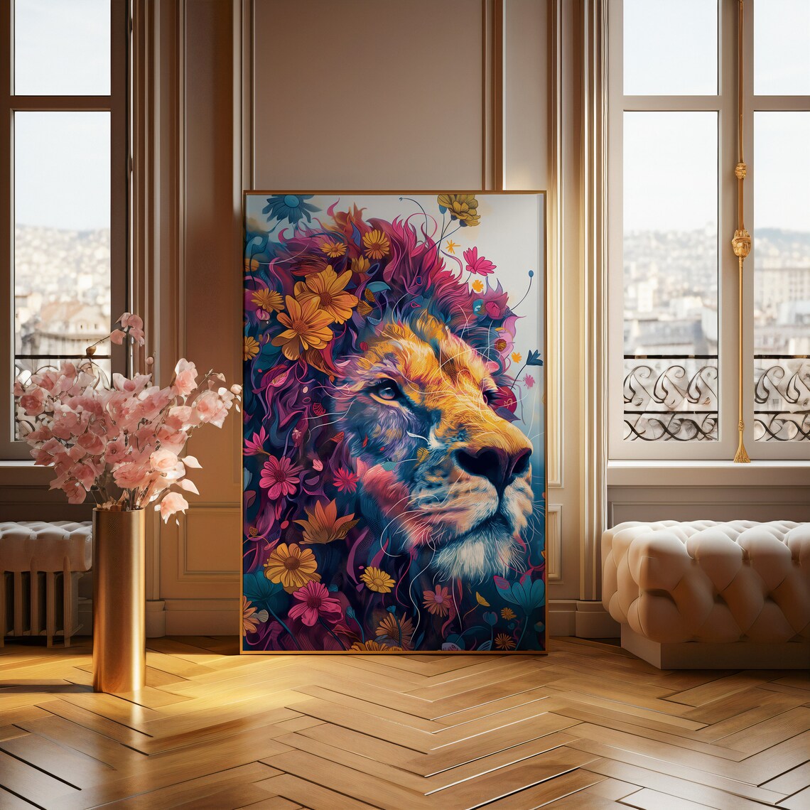 Lion Profile Portrait With Pink Floral Mane Colorful Art Poster - Image 3