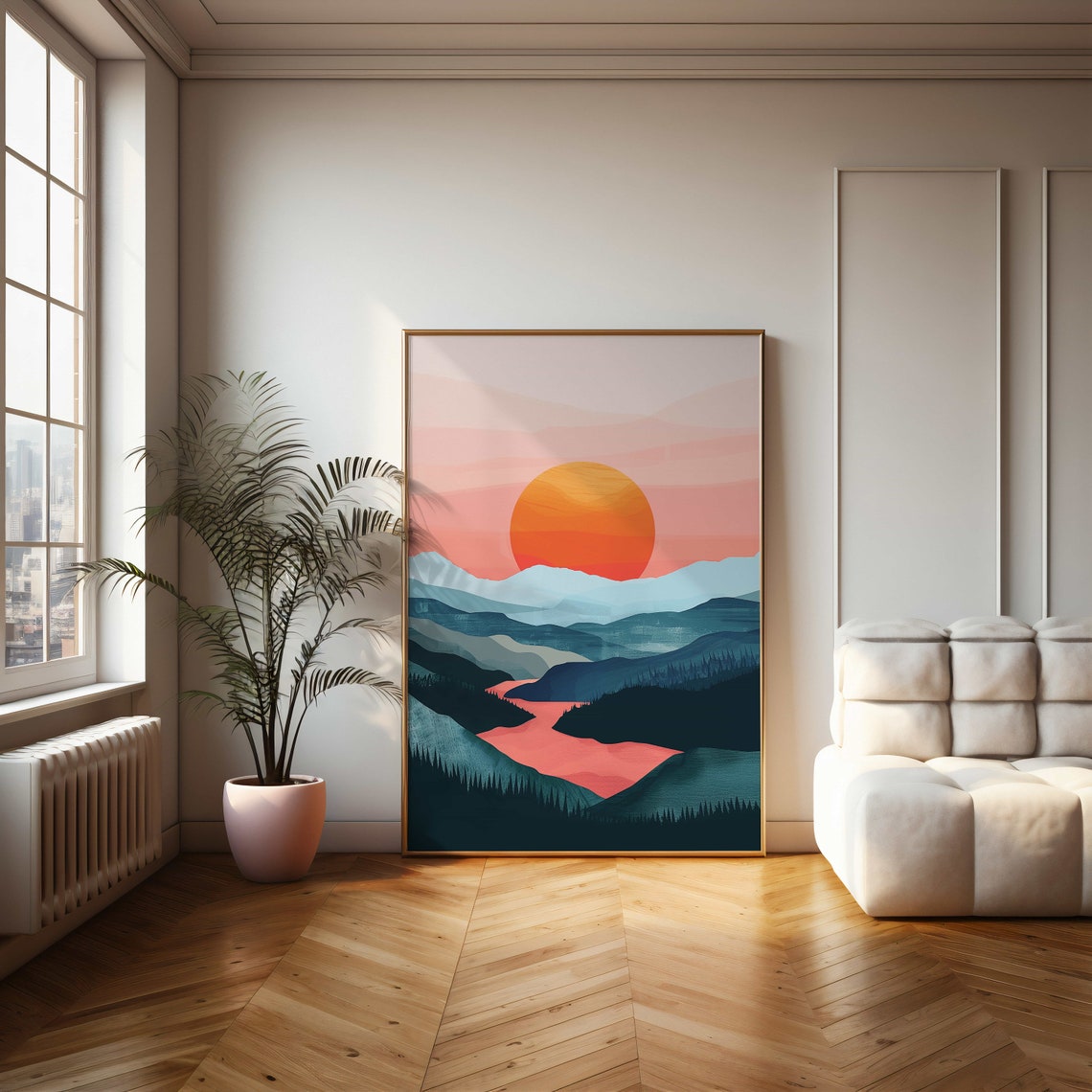 Minimalist Orange Sun Rising Over Blue Mountain Valley Poster - Image 2