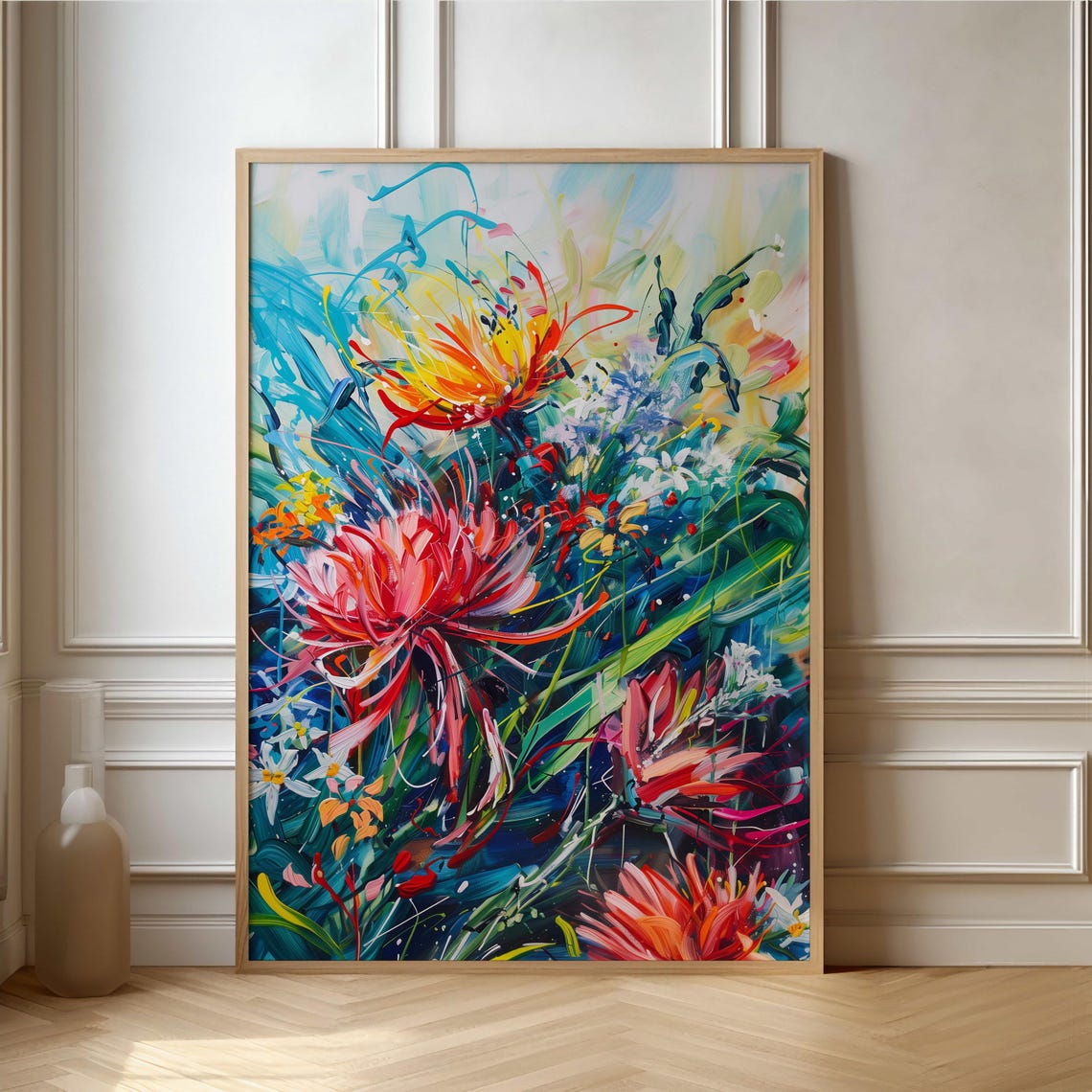 Wild Red Protea Flowers Dynamic Colorful Abstract Painting Art Poster