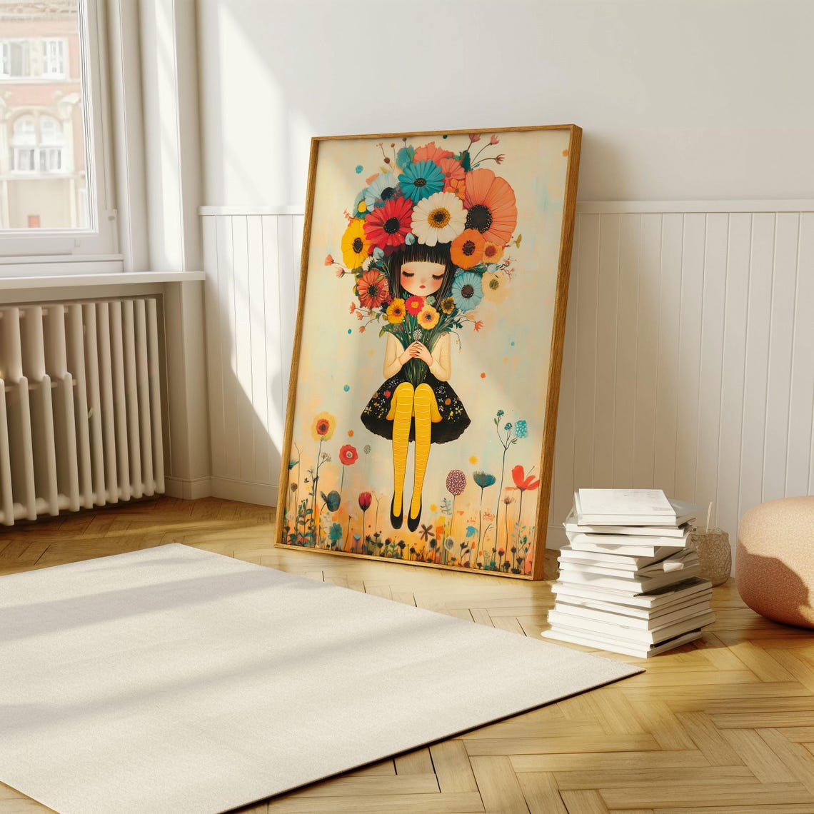 Sweet Girl Holding Giant Flower Bouquet Whimsical Illustration Poster - Image 5