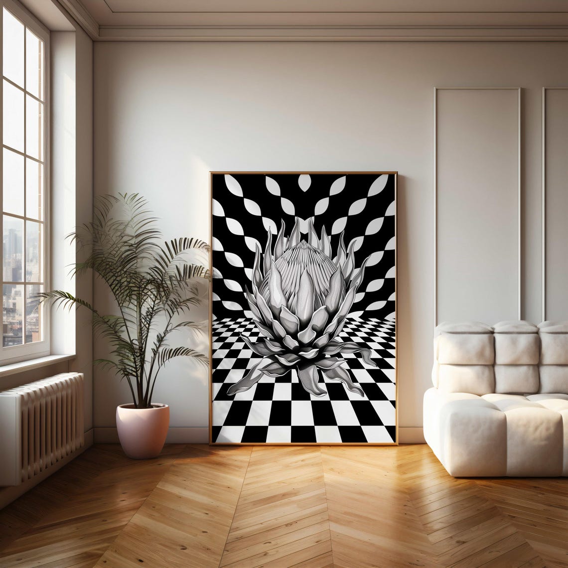 Geometric King Protea Poster Optical Illusion Black And White Wall Art - Image 2