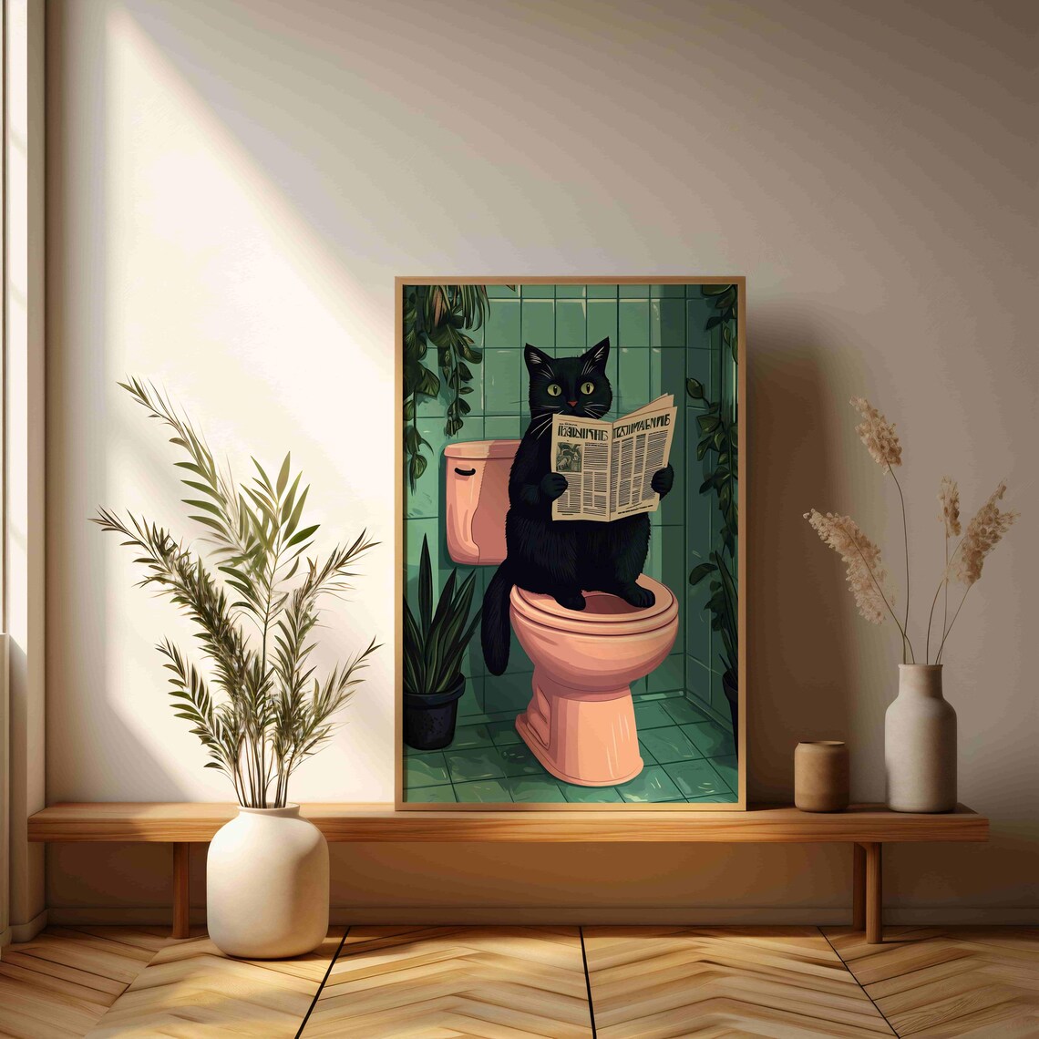 Funny Black Cat Reading Newspaper On Pink Toilet Humor Art Poster - Image 3