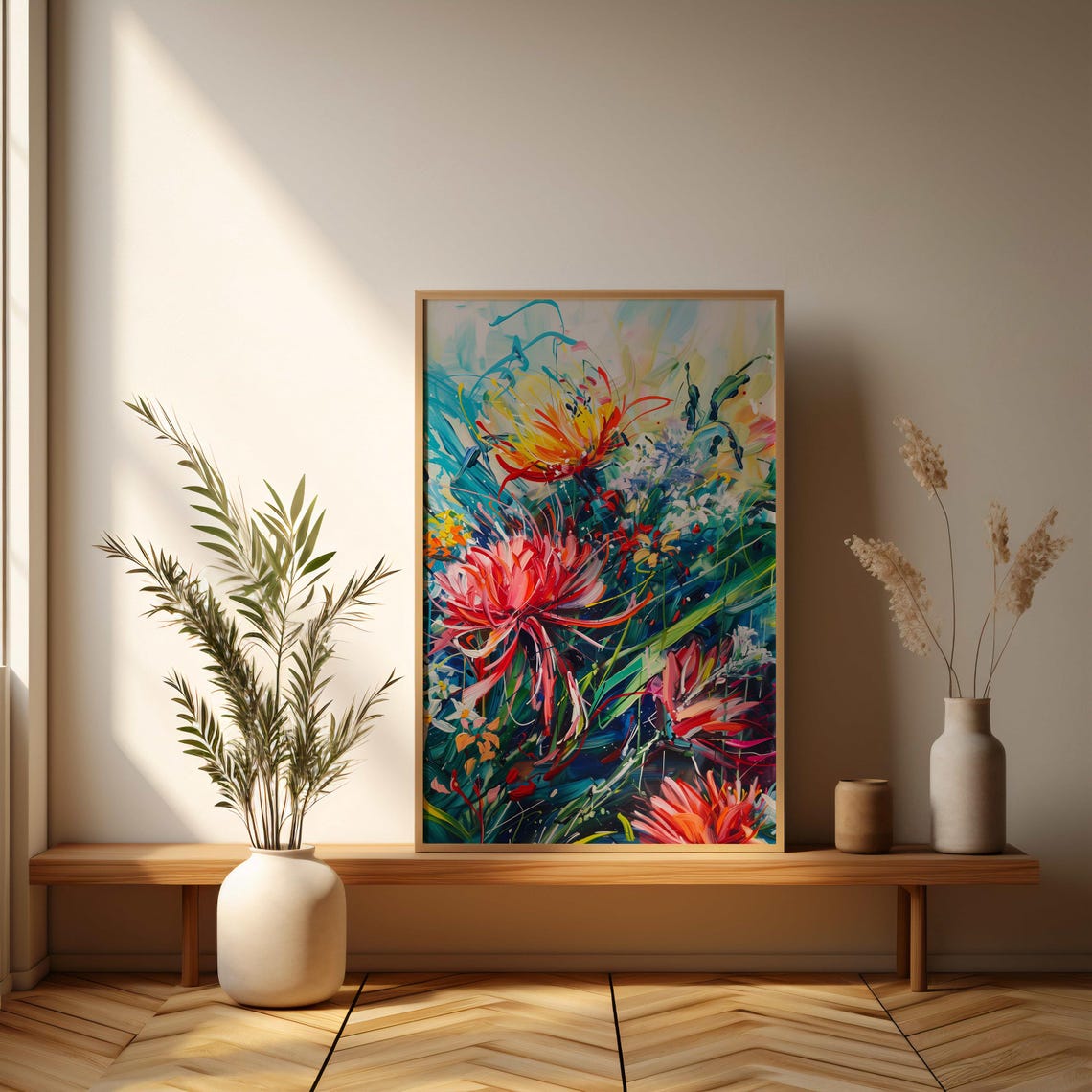 Wild Red Protea Flowers Dynamic Colorful Abstract Painting Art Poster - Image 3