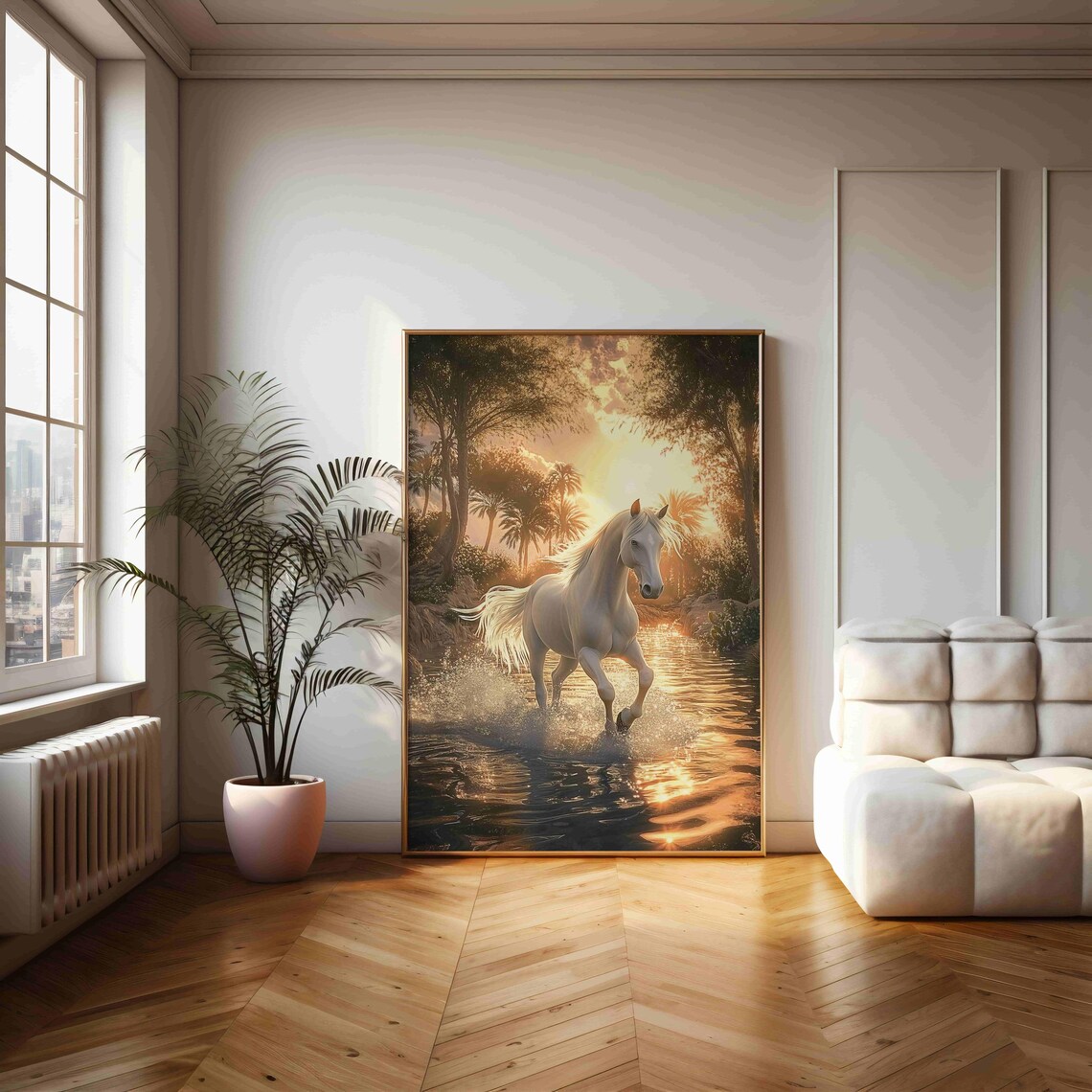 White Horse Galloping Through Water At Golden Sunset Scene Poster - Image 2