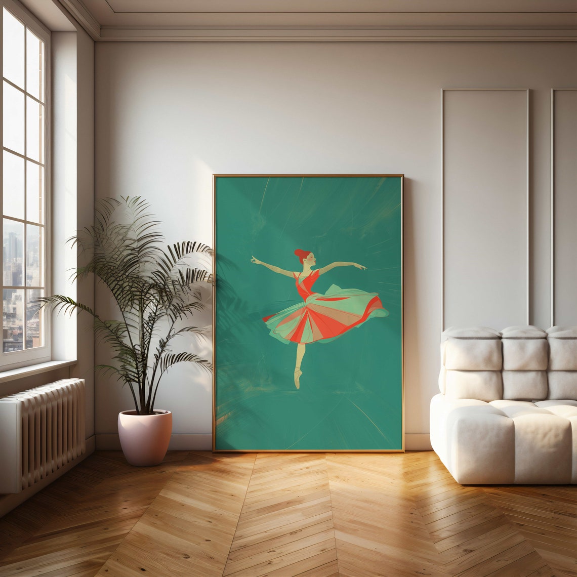 Ballerina Mid Leap In Red Dress On Emerald Green Dance Poster - Image 2