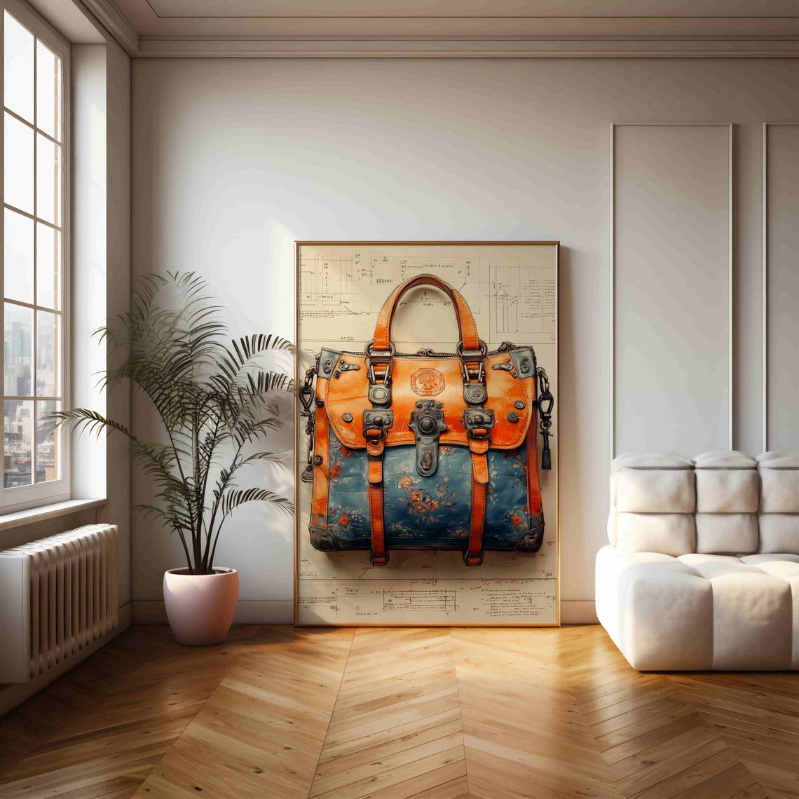 Steampunk Leather Satchel Floral Pattern Blueprint Drawing Wall Print - Image 2