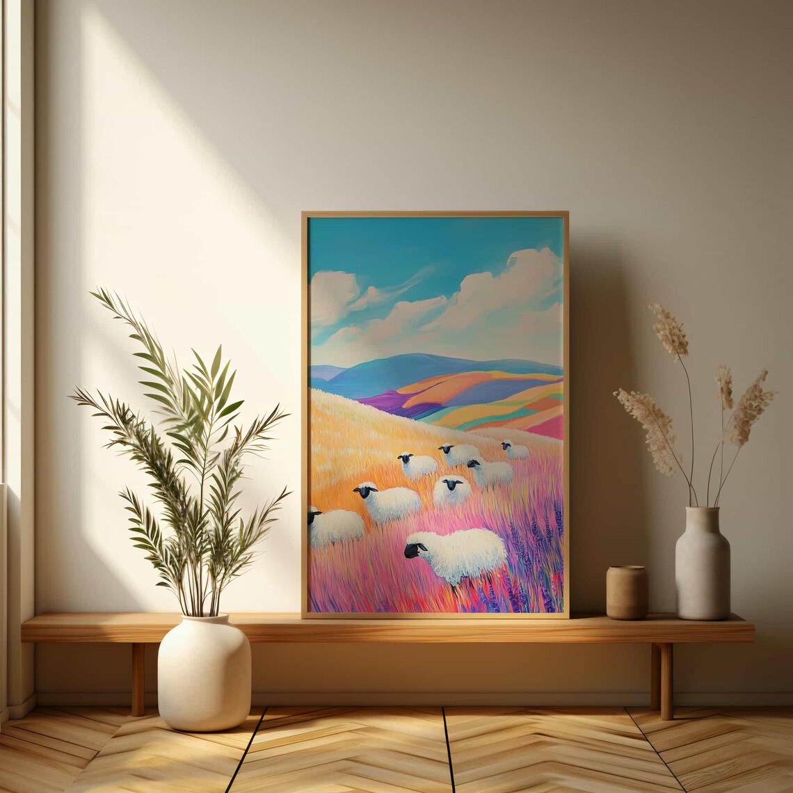 Whimsical Sheep in Colorful Rainbow Meadow Pastel Painting Poster - Image 3