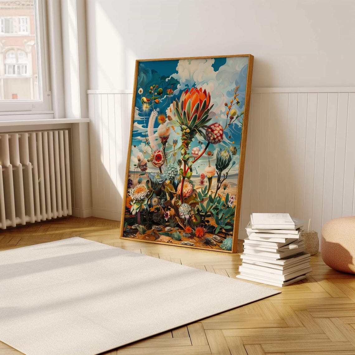 Whimsical Protea Meadow Surreal Bright Blue Sky Fantasy Art Poster - Image 5