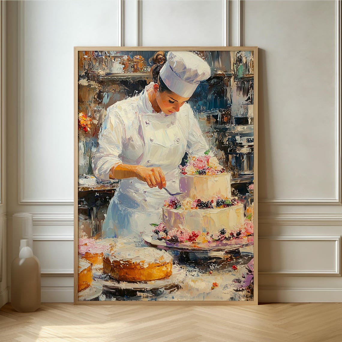 Female Pastry Chef Decorating Wedding Cakes Painting Kitchen Poster