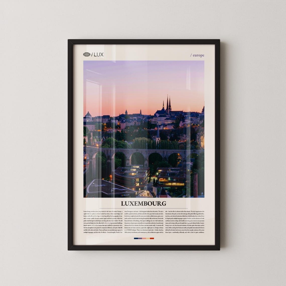 Luxembourg Sunset Skyline Poster Europe Travel Cityscape Wall Decor