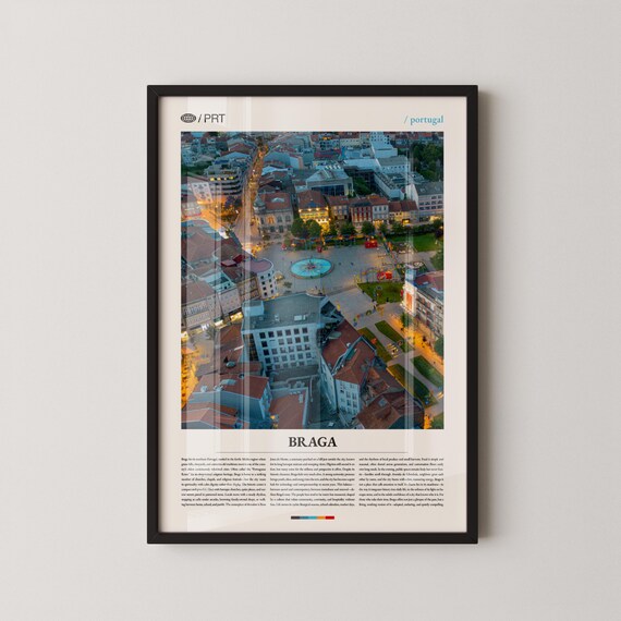 Braga Portugal Night Square Aerial View Classic Editorial Travel Poster