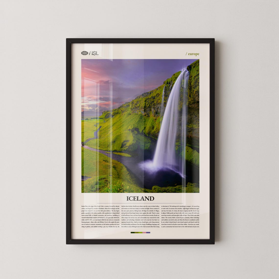 Iceland Waterfall Sunset Pink Sky Minimalist Europe Travel Poster