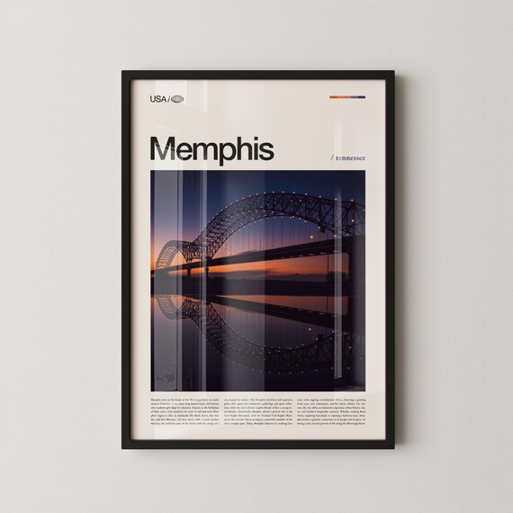 Memphis Tennessee Bridge Sunset Typography Mississippi River Travel Poster