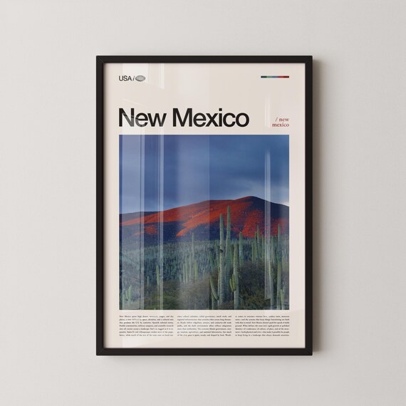 New Mexico Desert Landscape Travel Poster with Red Rock Mountain View