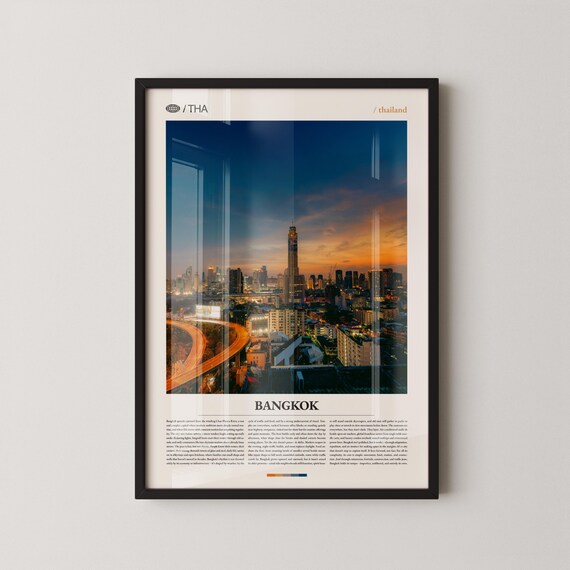 Bangkok Thailand Skyline at Dusk Poster, City Night Lights Travel Art