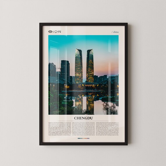 Chengdu China Twin Towers Skyline Sunset Photography Travel Poster