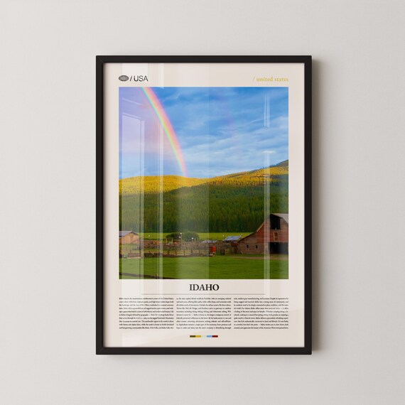 Idaho Rainbow Over Red Barn Golden Hills Vintage Country Travel Poster