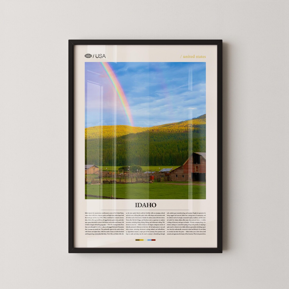 Idaho Rainbow Over Red Barn Golden Hills Vintage Country Travel Poster