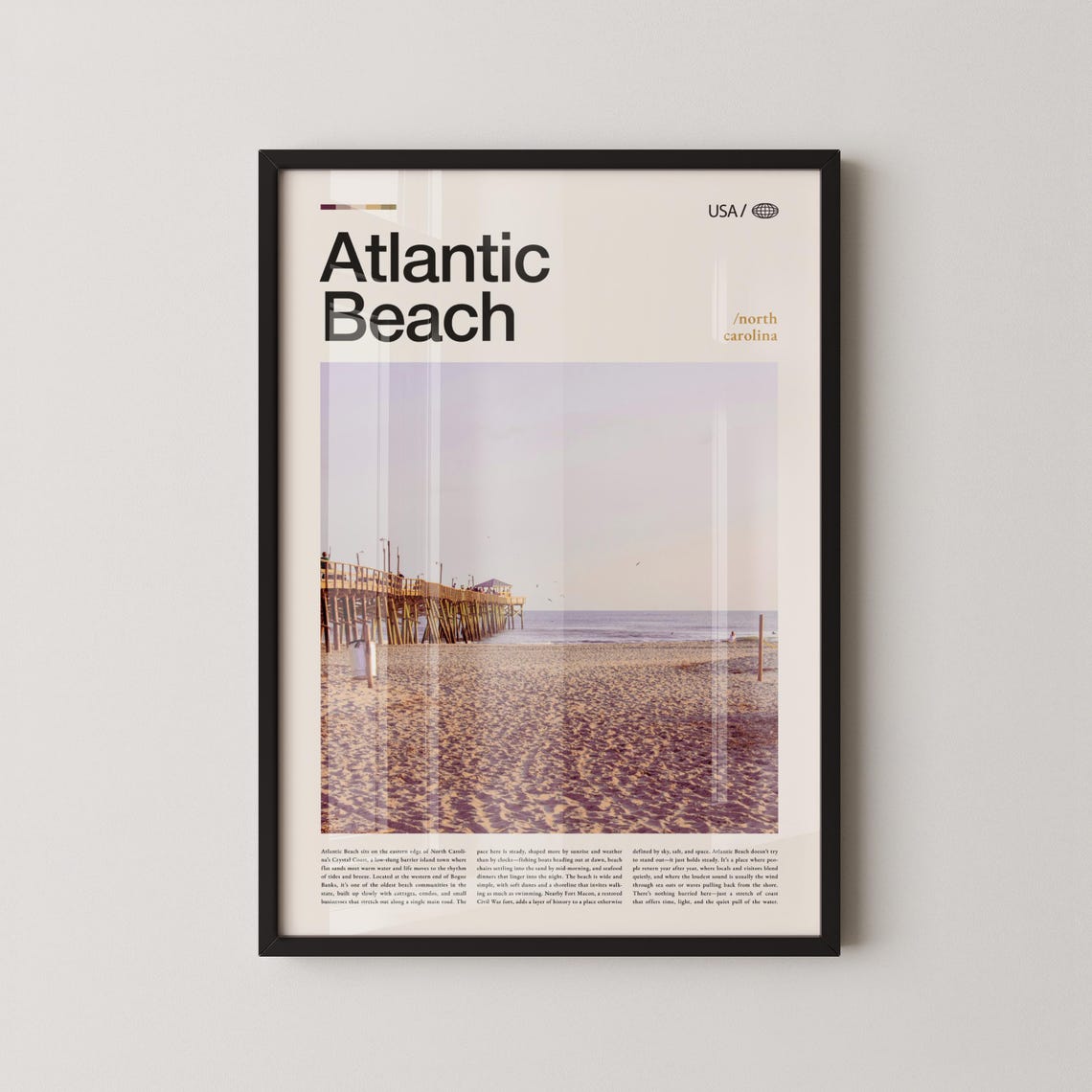 Atlantic Beach Pier Over Sandy Shore Bold Title Travel Poster