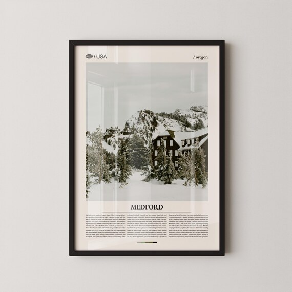 Medford Oregon Snowy Mountain Lodge Winter Travel Art Poster