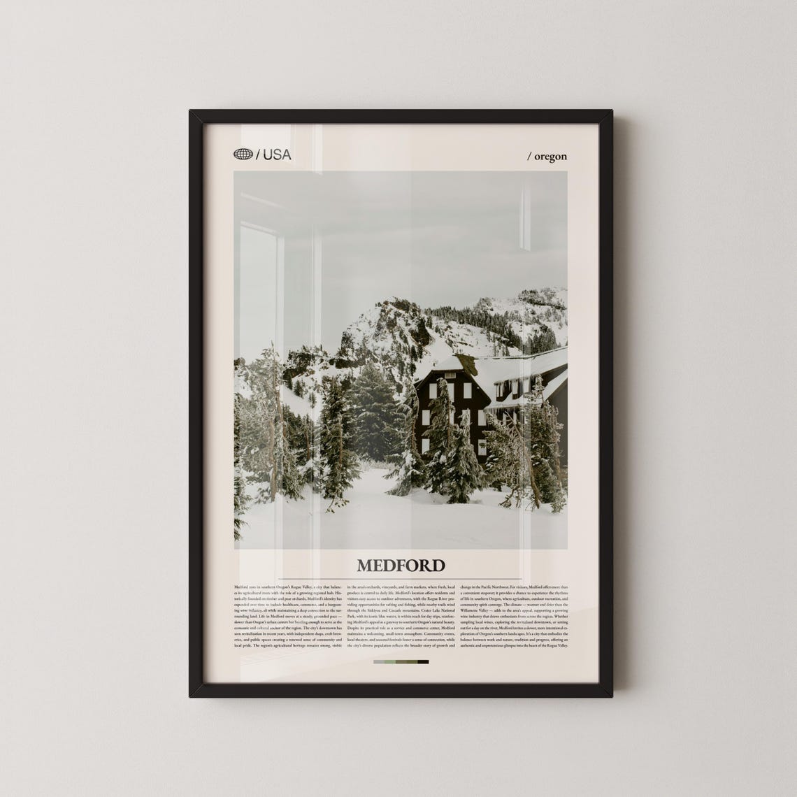 Medford Oregon Snowy Mountain Lodge Winter Travel Art Poster