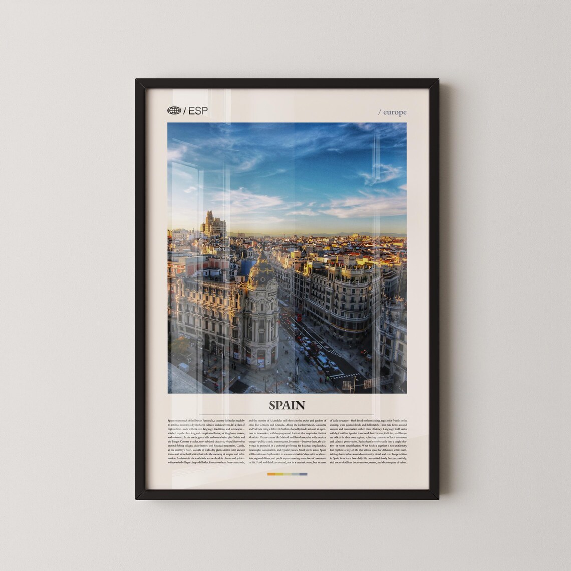 Spain Europe Travel Poster with Madrid Cityscape at Golden Hour Sunset