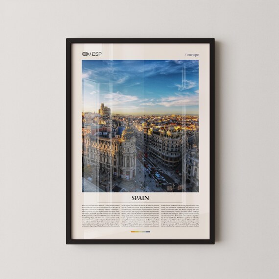 Spain Europe Travel Poster with Madrid Cityscape at Golden Hour Sunset
