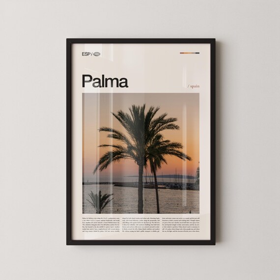 Palma Spain Sunset Palm Silhouette Over Marina Coastal Travel Poster