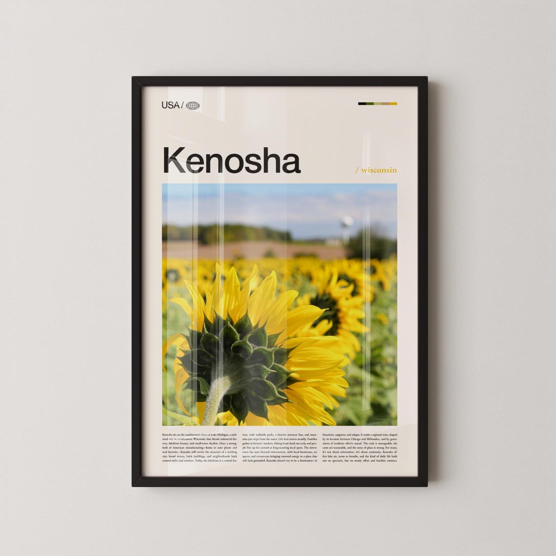 Kenosha Wisconsin Bold Travel Poster With Sunflower Close Up