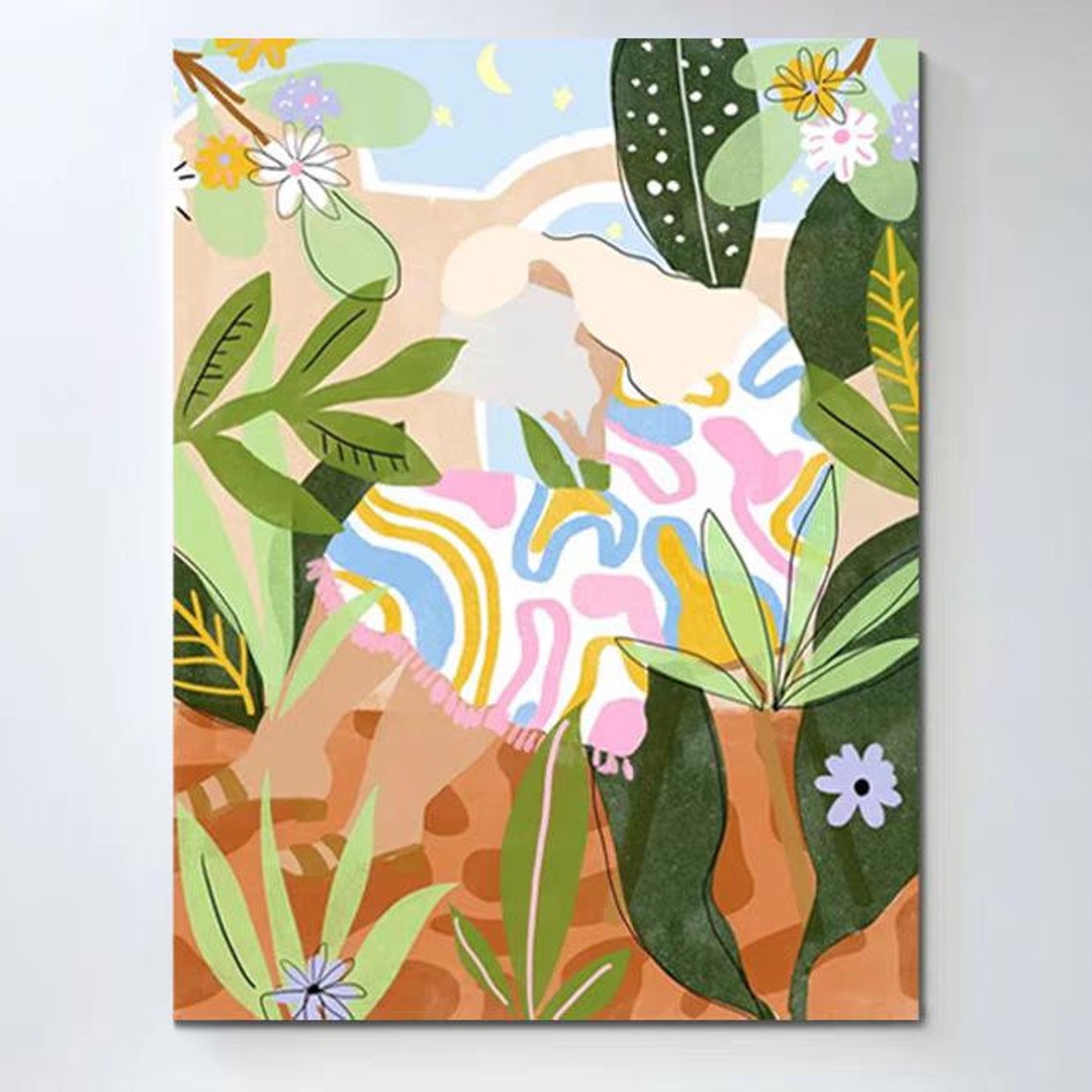 Woman Relaxing in Tropical Leaves Playful Illustration Poster