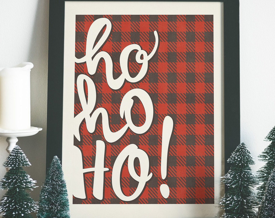 Ho Ho Ho Cream Script on Red Buffalo Plaid Christmas Typography Poster