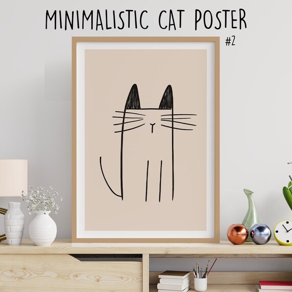 Minimalist Black Line Cat Face No2 Neutral Beige Modern Home Decor Poster