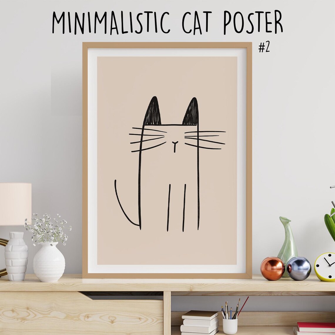 Minimalist Black Line Cat Face No2 Neutral Beige Modern Home Decor Poster