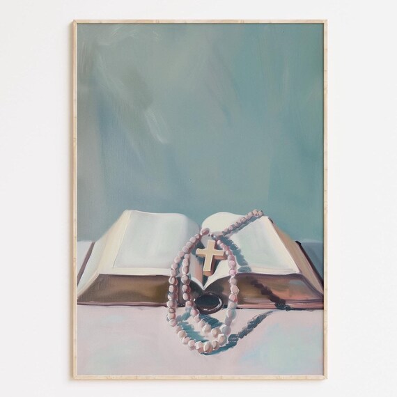 Rosary And Open Bible Soft Catholic Still Life Painting Poster