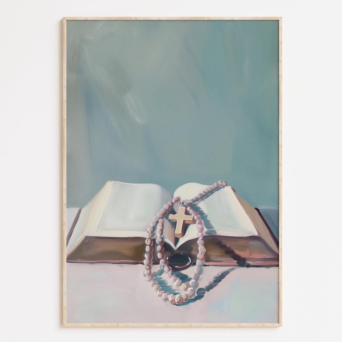 Rosary And Open Bible Soft Catholic Still Life Painting Poster