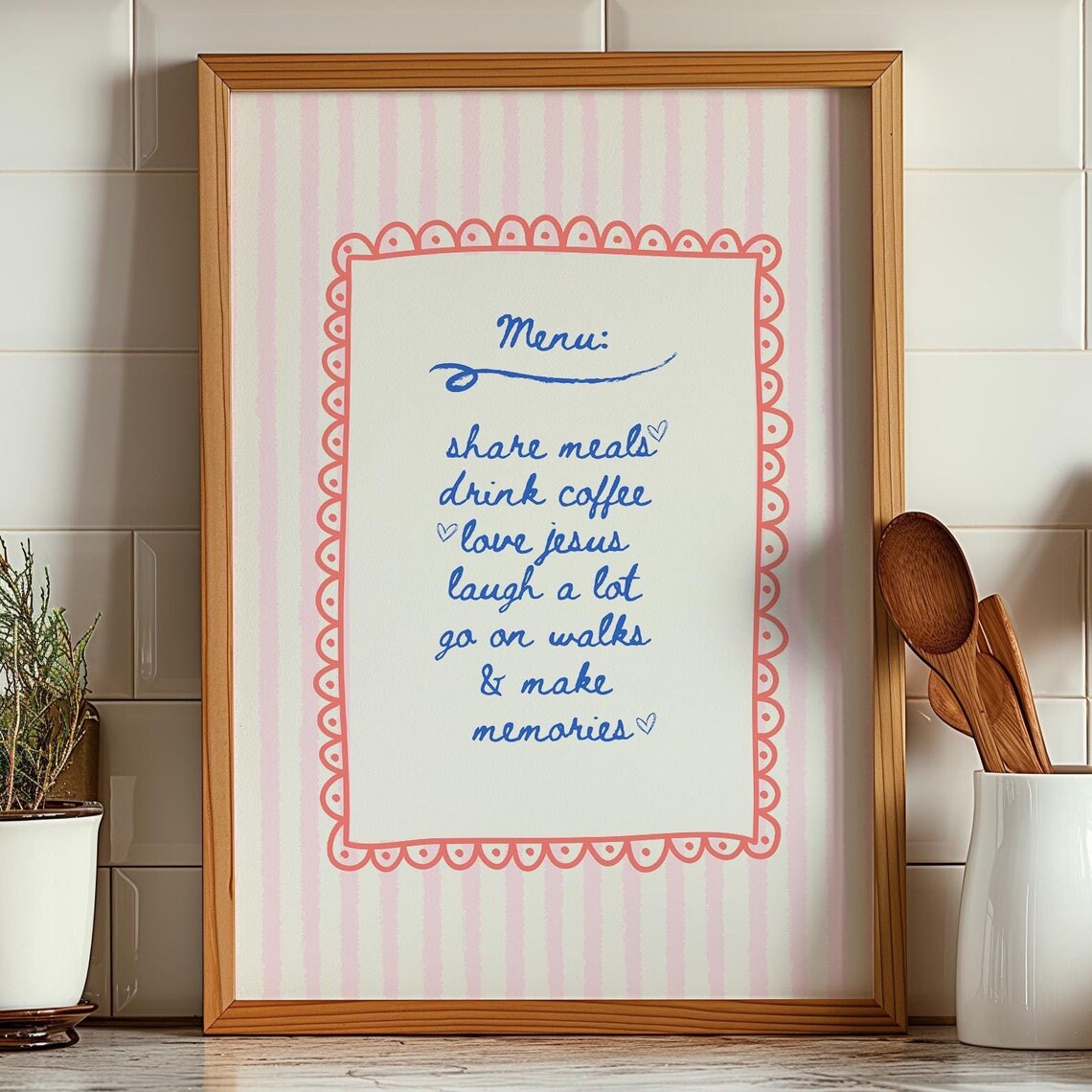 Christian Menu Share Meals Love Jesus Kitchen Pink Striped Faith Poster