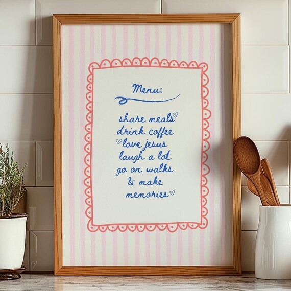 Christian Menu Share Meals Love Jesus Kitchen Pink Striped Faith Poster