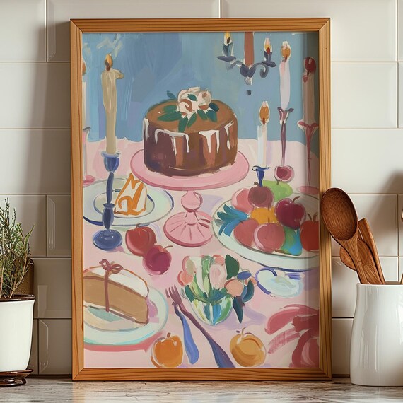 Pink Christmas Feast Painting Chocolate Cake Candles Fruit Kitchen Wall Art