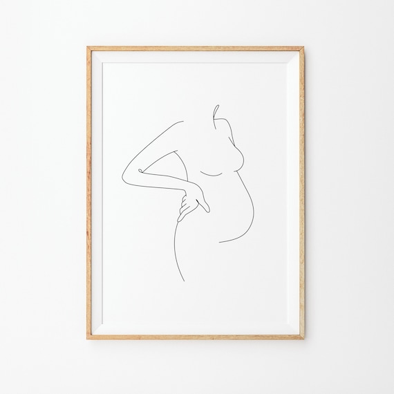 Pregnant Woman Cradling Her Belly Minimal Line Drawing Poster