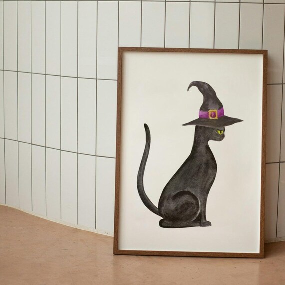 Black Cat Wearing Witch Hat Halloween Watercolor Animal Poster