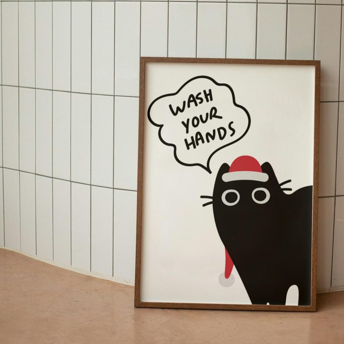 Funny Black Cat Wash Your Hands Santa Hat Bathroom Humor Art Print