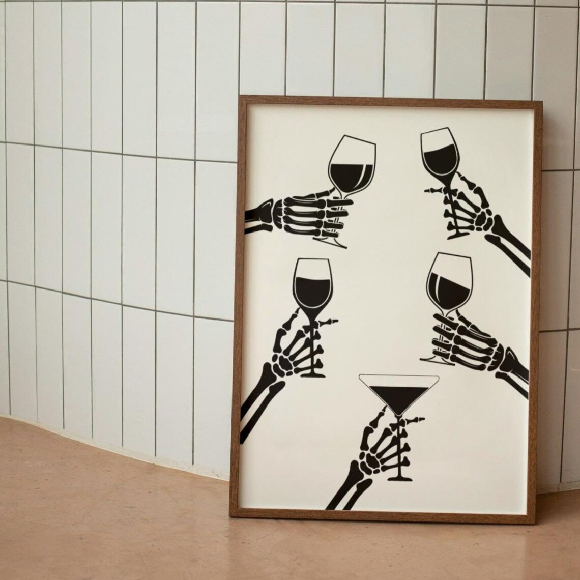 Skeleton Hands Wine Glasses Poster Halloween Bar Decor Funny Spooky Art