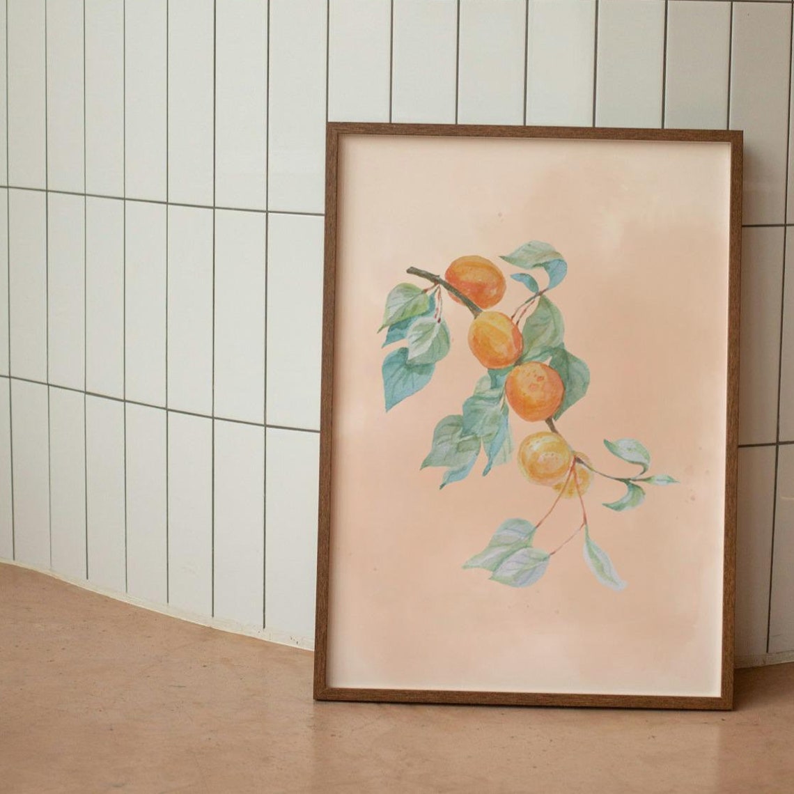 Watercolor Apricots on Branch Soft Peach Botanical Fruit Poster