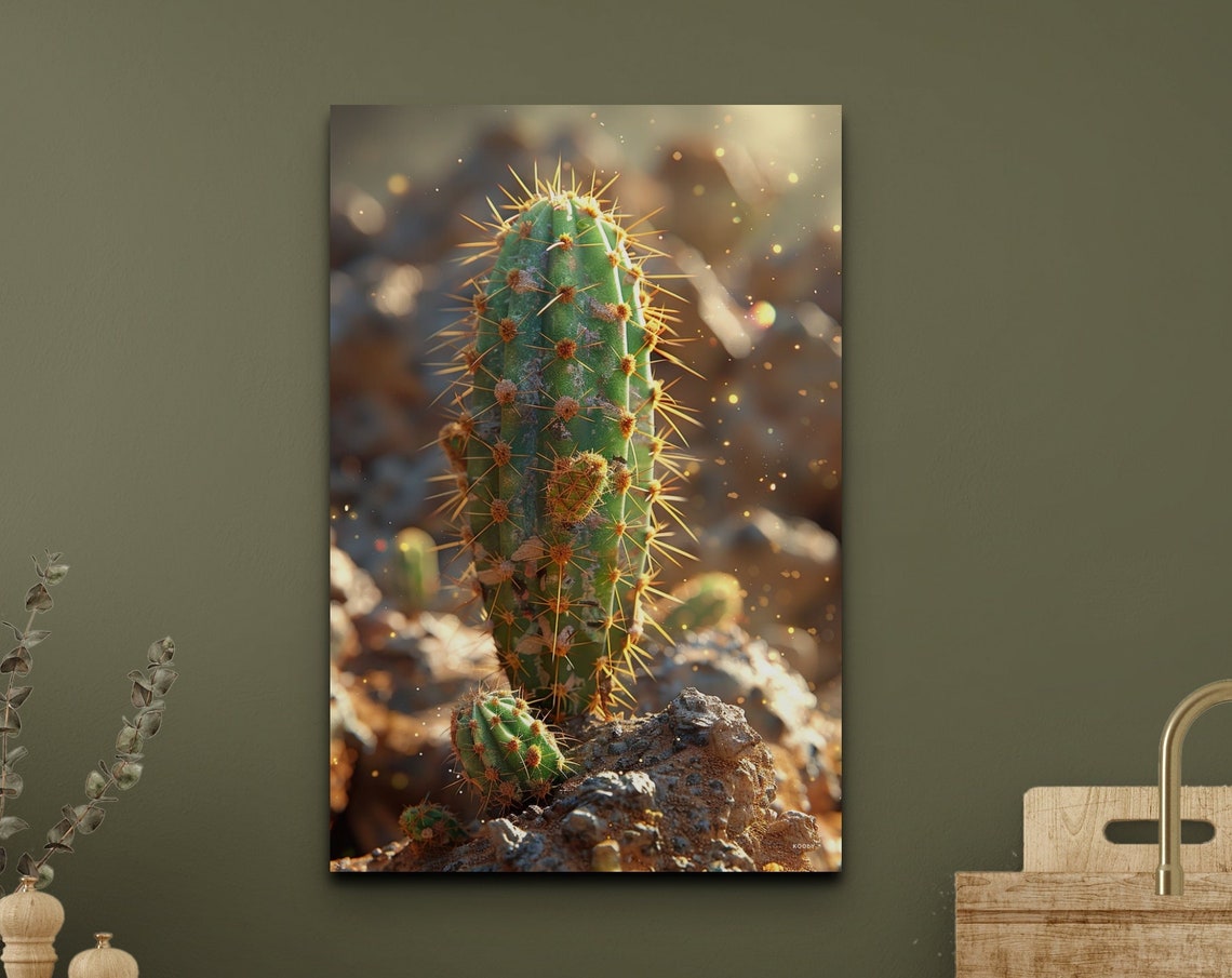 Cactus Close Up Golden Spines On Desert Rock Nature Art Poster