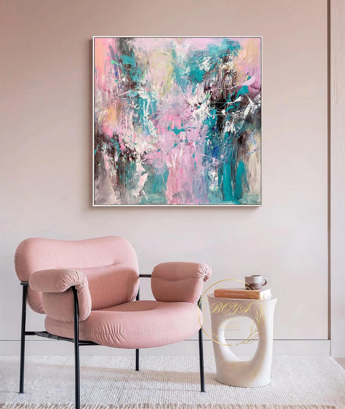 Pink Teal and White Splash Energetic Abstract Painting Poster - Image 4