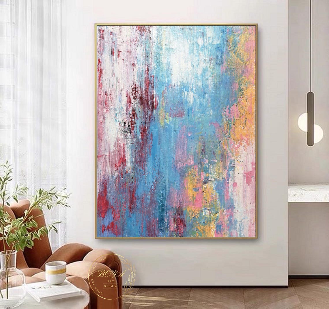 Light Blue Pink and Gold Loose Brushstroke Airy Abstract Poster - Image 5