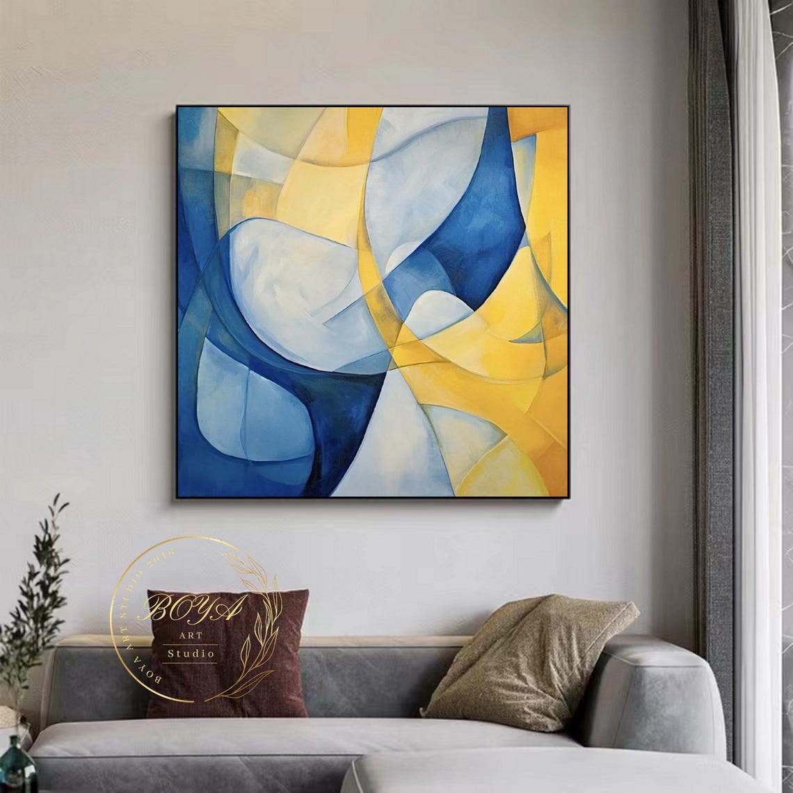 Flowing Curved Blue and Yellow Ribbon Abstract Painting Poster - Image 4