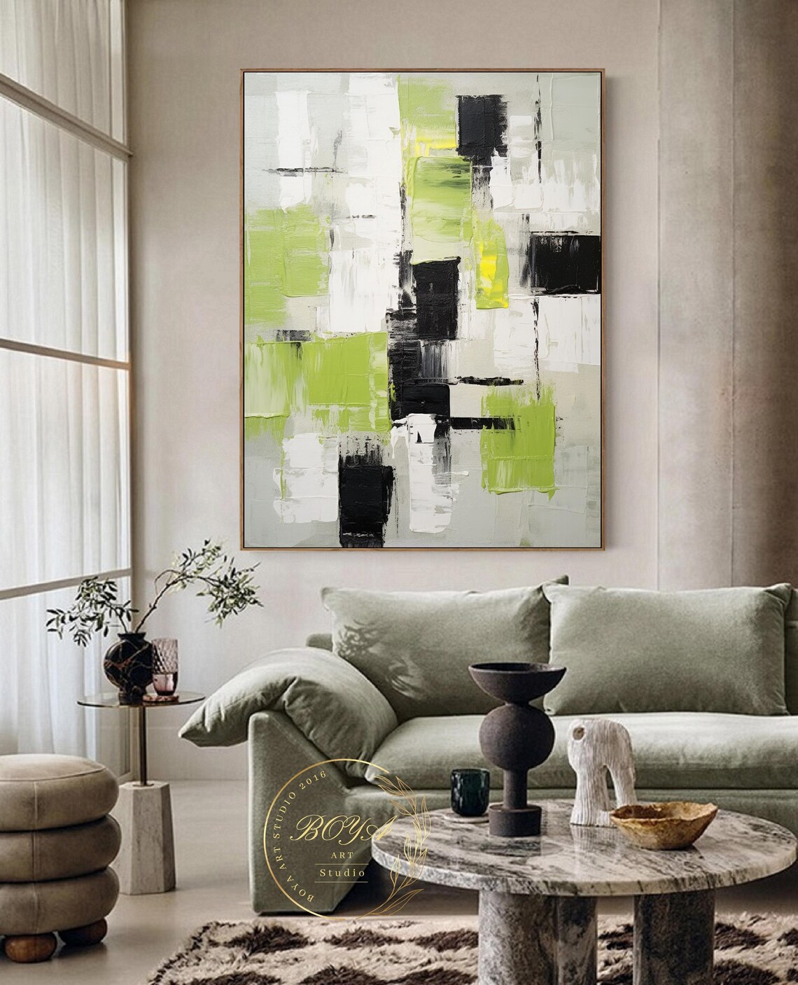 Lime Green Abstract Painting Large Green Minimalism Wall Art Black White Wall Painting Original Green Art Black White Textured Art - Image 2