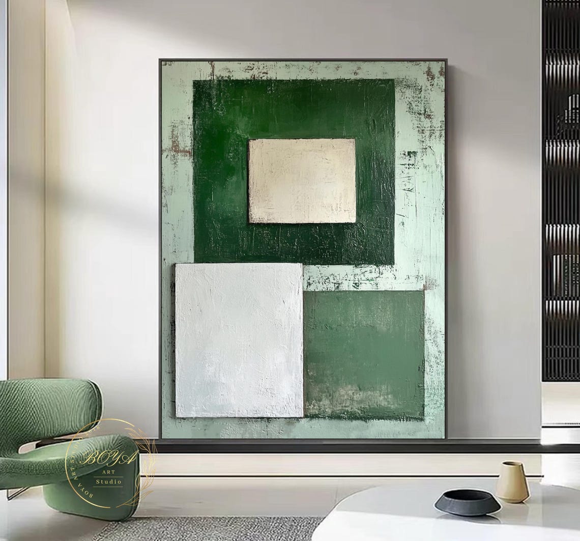 Original Green Abstract Painting Minimalist Green Wall Art White Textured Art Large Beige Painting Geometric Abstract Art Wabi Sabi Wall Art - Image 5
