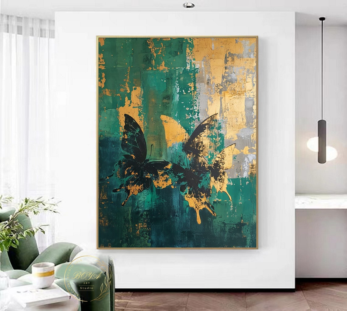 Two Black Butterflies Over Green Gold Textured Abstract Art Poster - Image 3